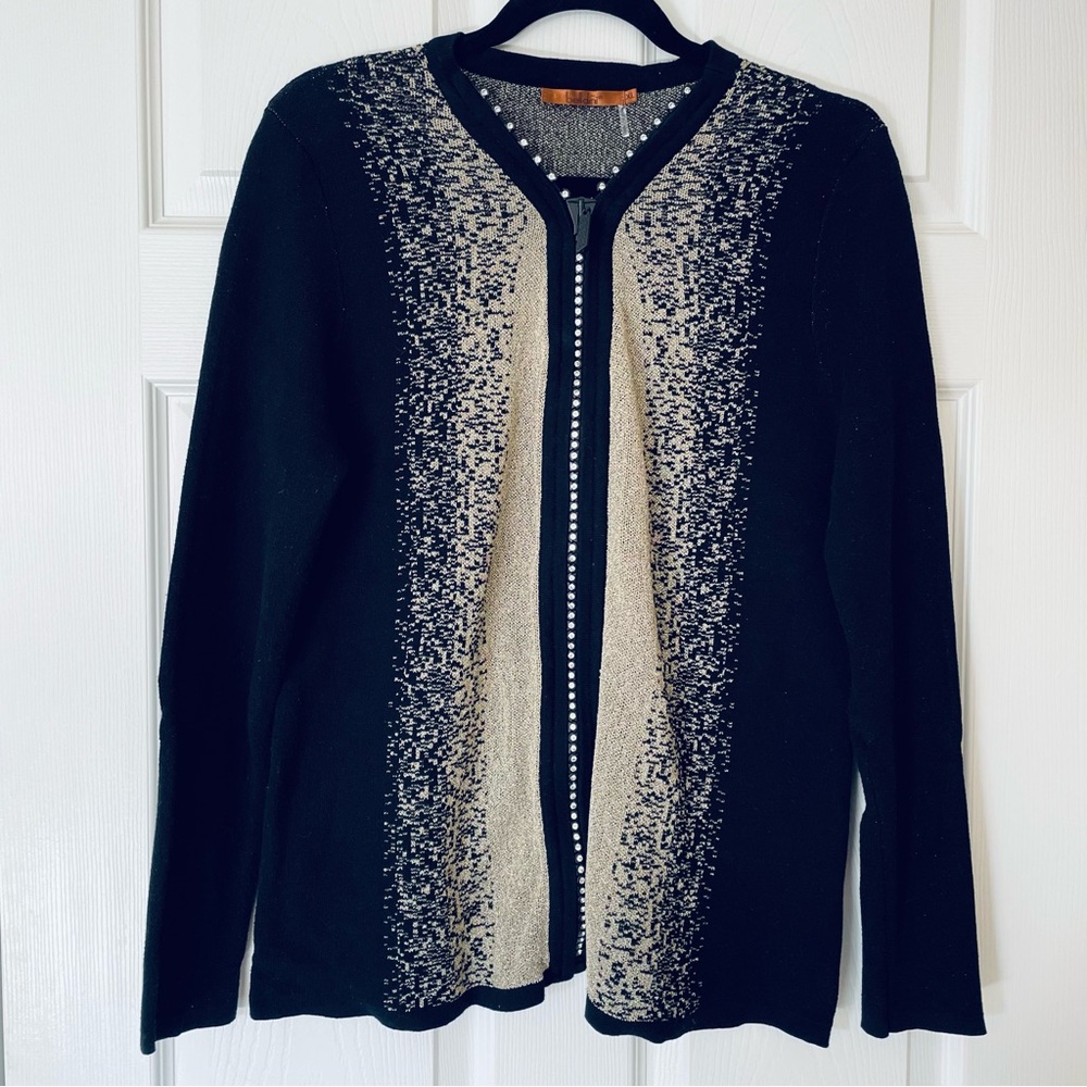 EUC 💛 Belldini Black & Gold Shimmer Cardigan | Rhinestone Zip Front Sweater